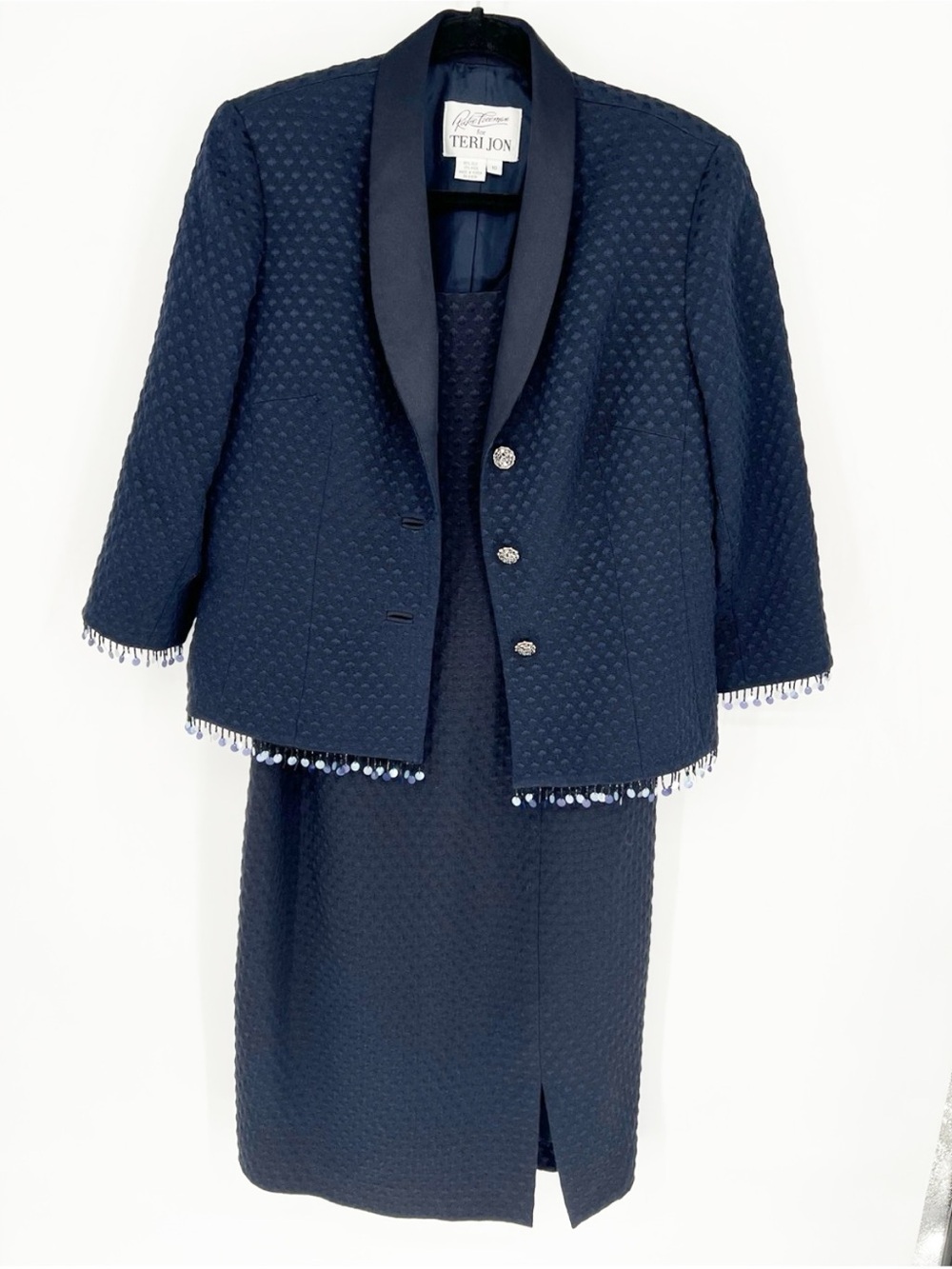 Teri Jon Navy Textured Jacket & Sheath Dress with Beaded Trim